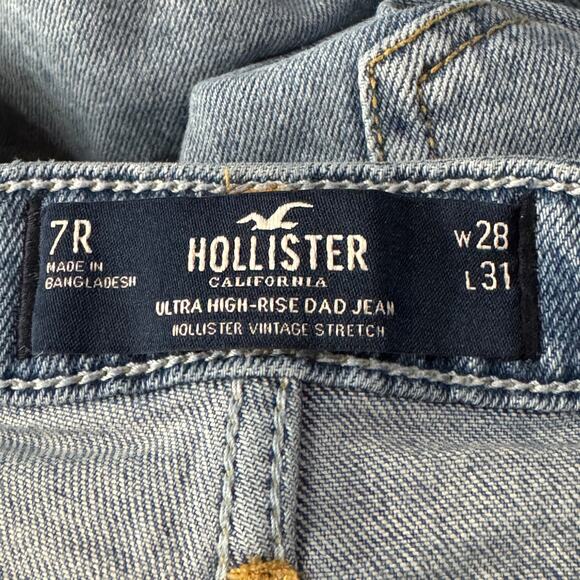 Hollister JRS SZ 7R Ultra Hi-Rise Dad Jeans Embroidered Distressed Rips Zip-Fly - Picture 9 of 14